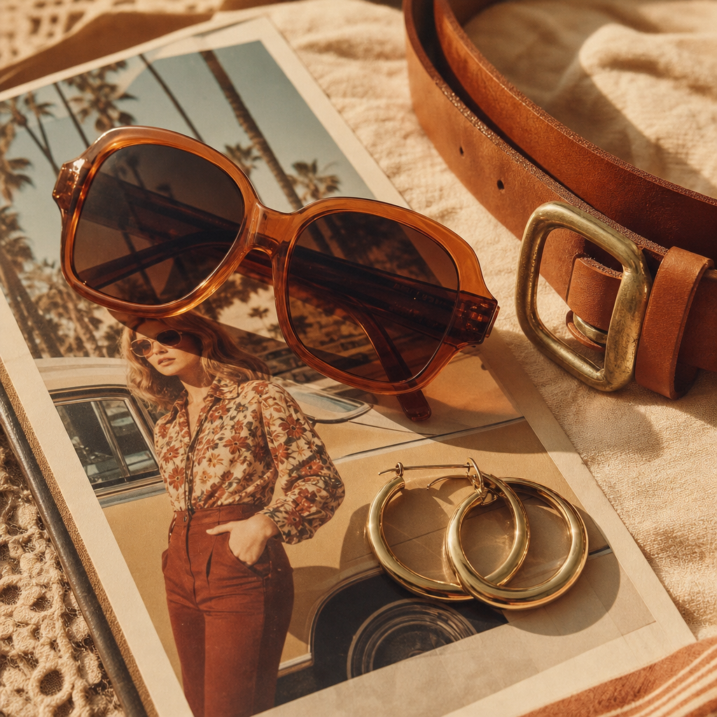 Flat lay of oversized amber sunglasses, a tan leather belt, and gold hoop earrings