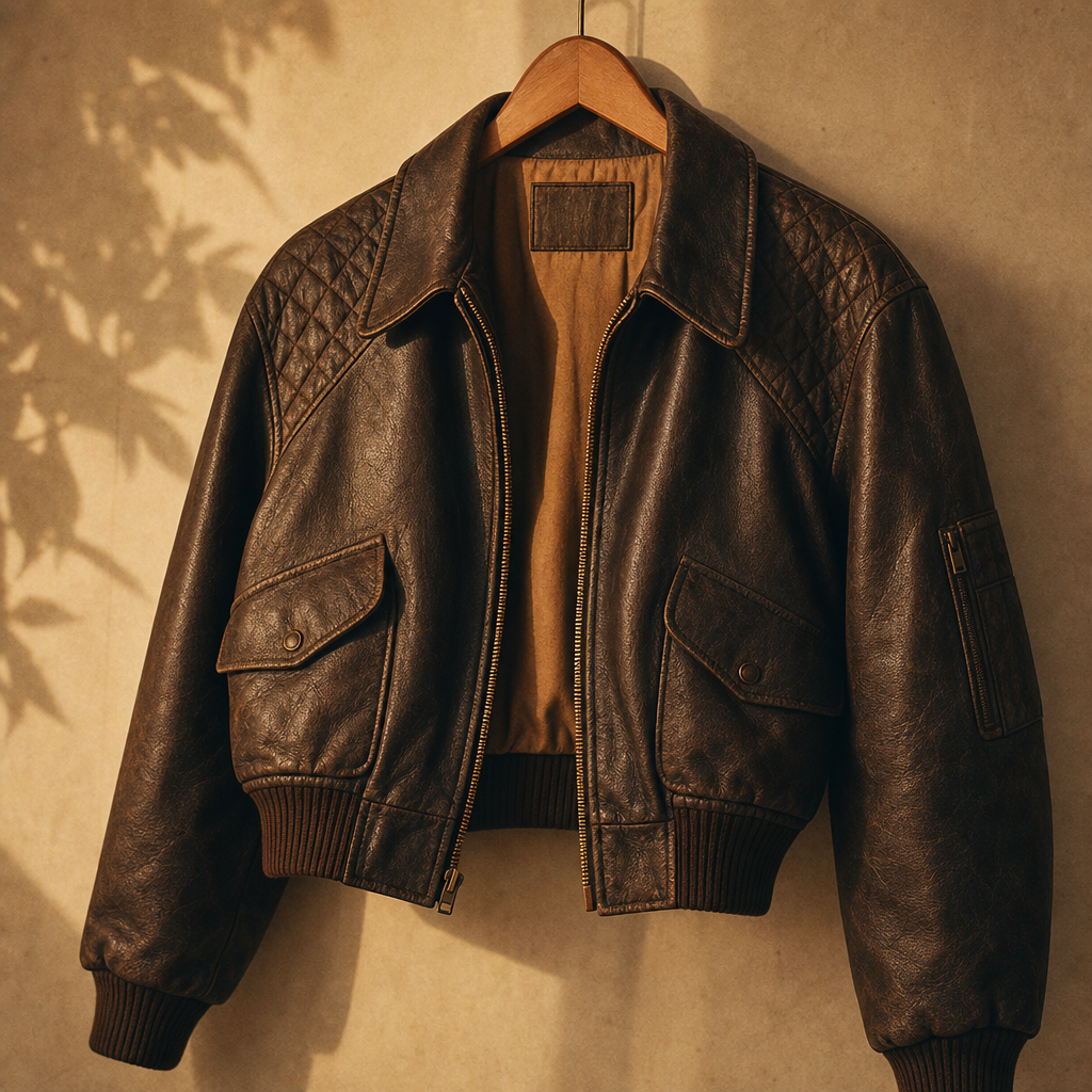 Cropped vintage leather bomber jacket in deep espresso brown with quilted shoulders