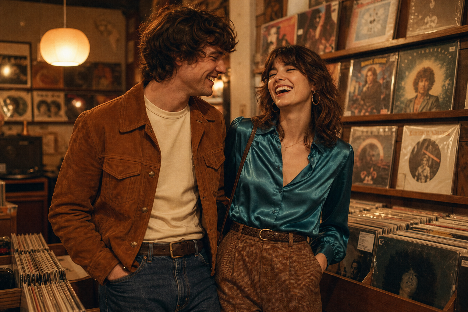 Two friends in warm film light wearing a caramel suede jacket and a teal satin blouse in a vintage record shop