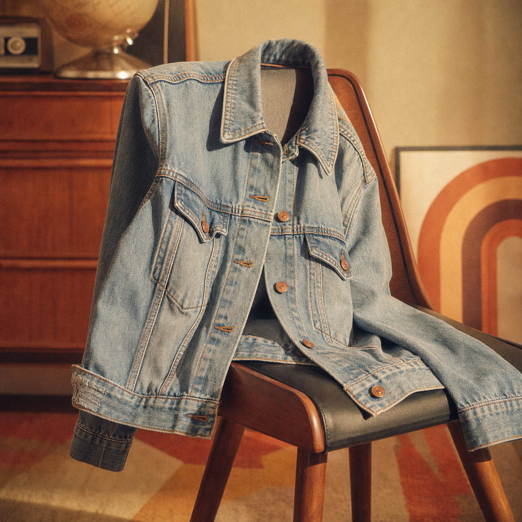 Light-wash vintage denim jacket with copper buttons draped over a wooden chair