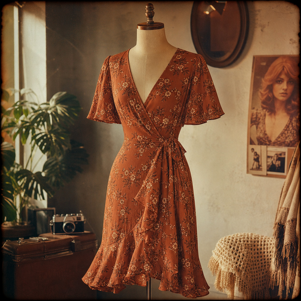 Flowing 70s-inspired wrap dress in warm terracotta with subtle floral print