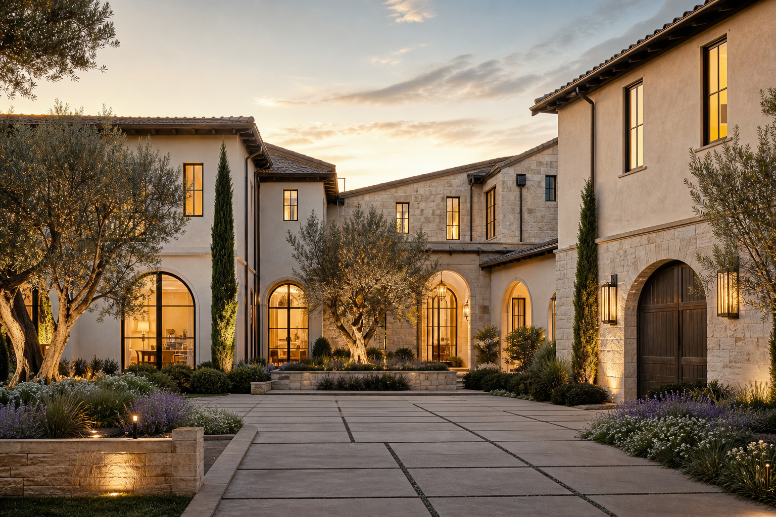 Cinematic exterior rendering of a Mediterranean-influenced luxury Dallas residence at golden hour, with warm interior glow, limestone textures, arched openings, and refined landscaping