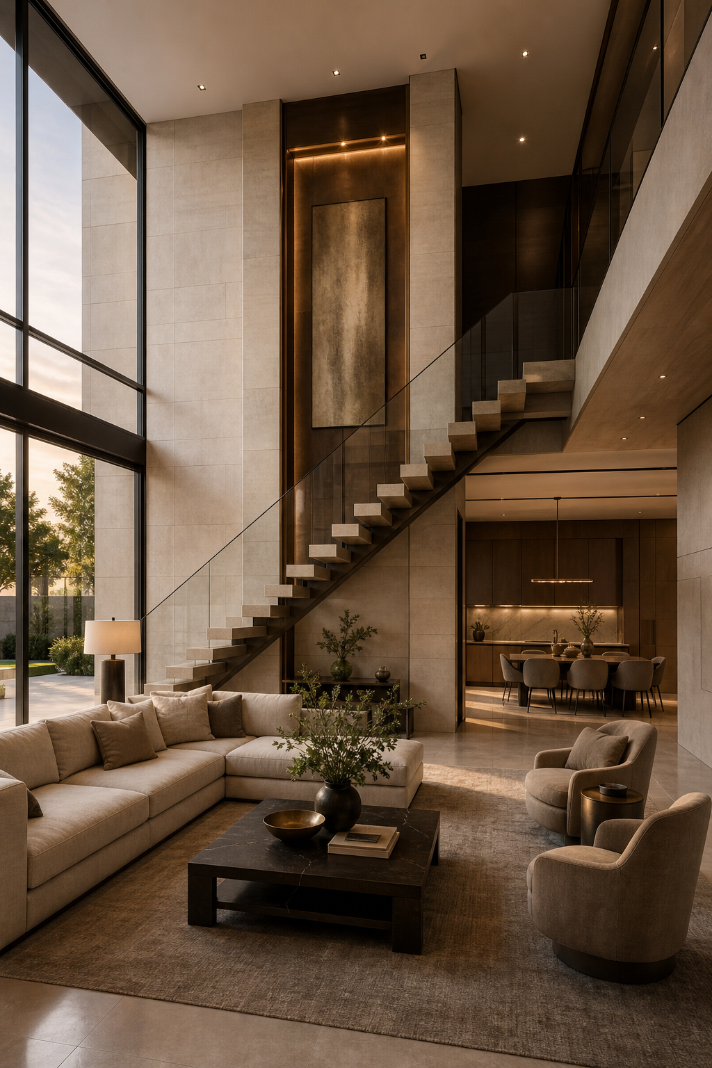 Atmospheric interior rendering of a modern Dallas luxury residence with warm limestone surfaces, floor-to-ceiling windows, sculptural staircase, and soft evening light