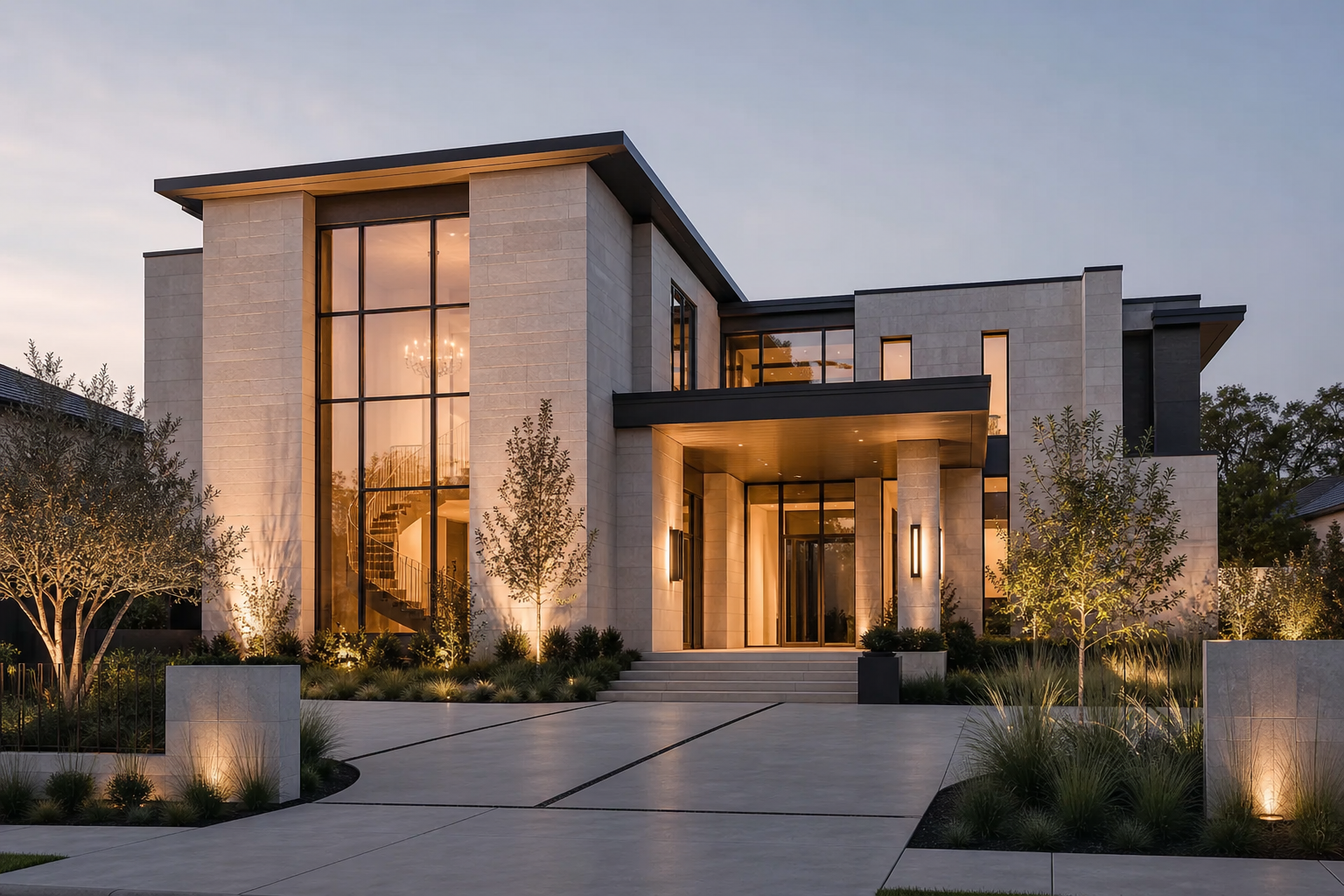 Twilight architectural rendering of the home's exterior approach with a limestone facade, warm interior glow through tall glass panels, sculpted entry canopy, and a clean modern driveway lined with low native planting in Dallas.