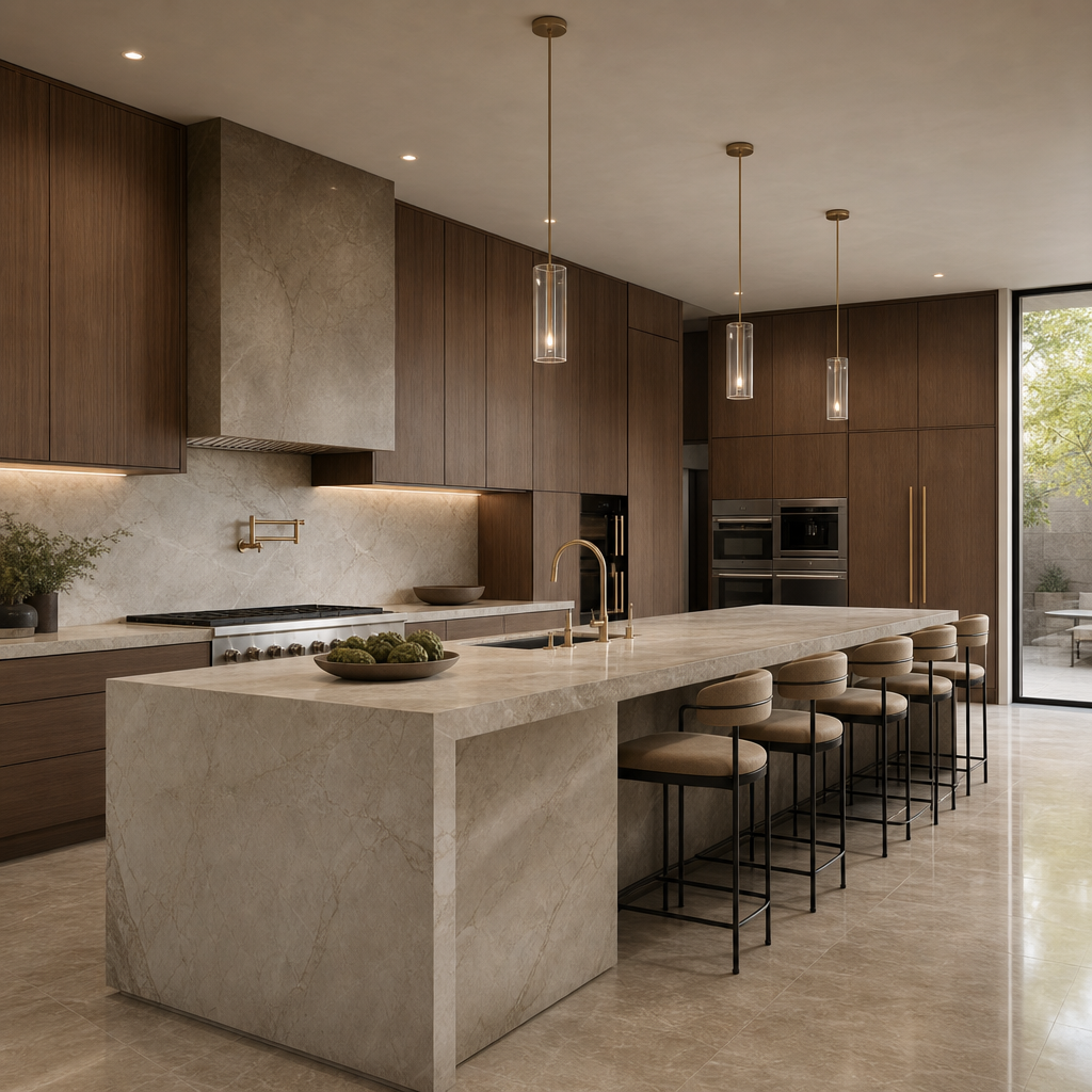 Contemporary kitchen rendering featuring a long honed marble island, matte walnut cabinetry, integrated brass fixtures, and pendant lighting above a polished stone floor.