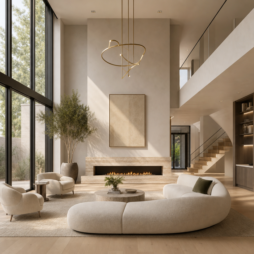 Daylit rendering of a double-height living area with ivory plaster walls, a curved cream boucle sofa, bronze-framed glazing, pale oak flooring, and a linear fireplace with a travertine surround.