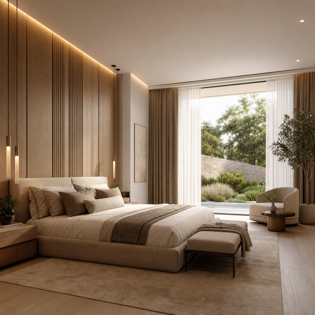 Serene primary suite preview rendering with a low upholstered bed in warm taupe linen, vertical oak paneling, soft indirect cove lighting, and floor-to-ceiling drapery framing a quiet garden view.