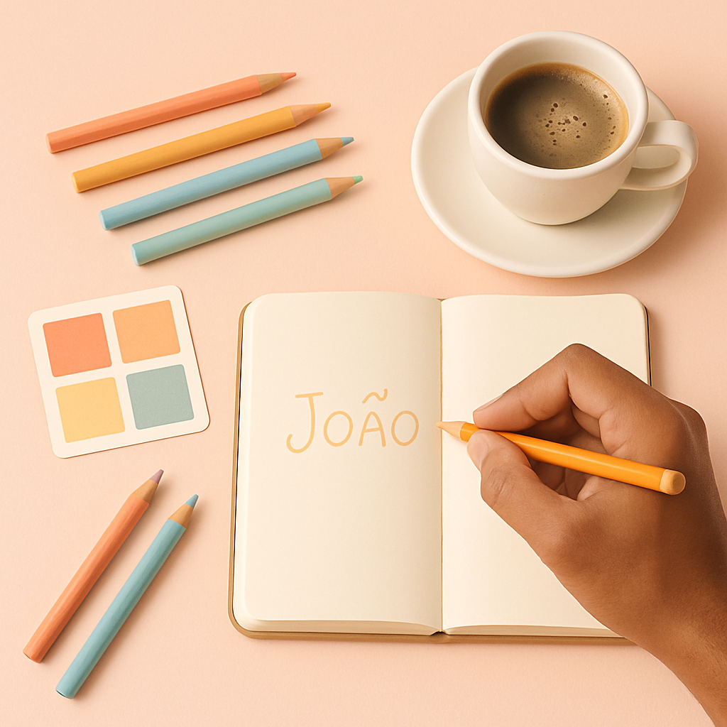 Joao's creative desktop with pencils, color swatches, and a cup of coffee
