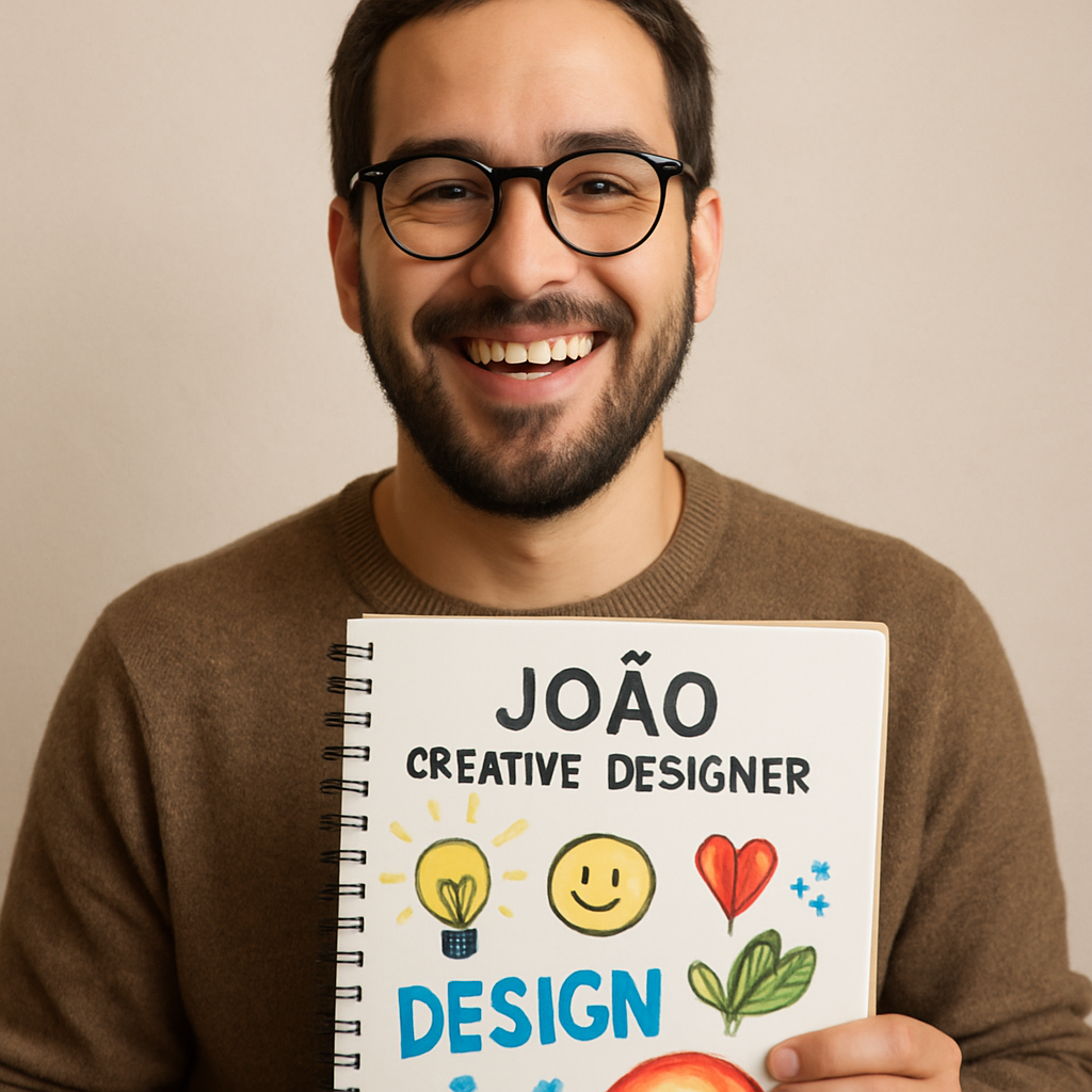 Joao smiling, holding a sketchbook with colorful doodles
