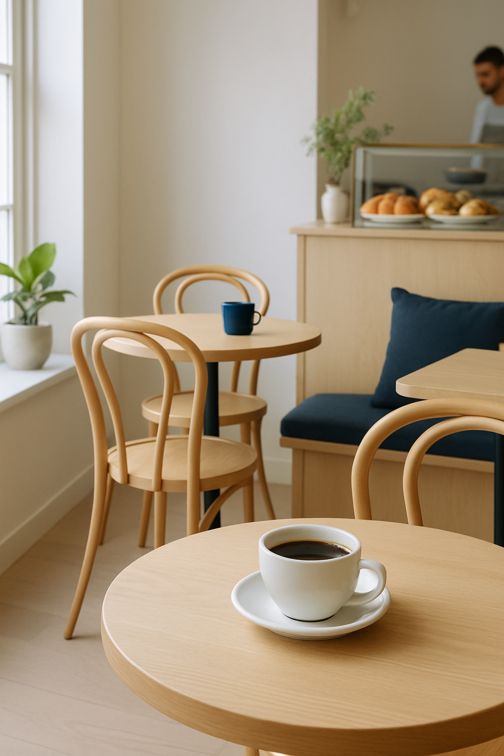 Bright Scandinavian cafe interior with light oak tables, off-white walls, natural window light, and pastries on the counter