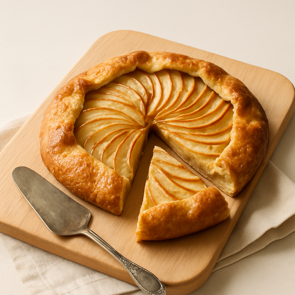 Rustic brown butter apple galette with a slice cut out on a wooden board