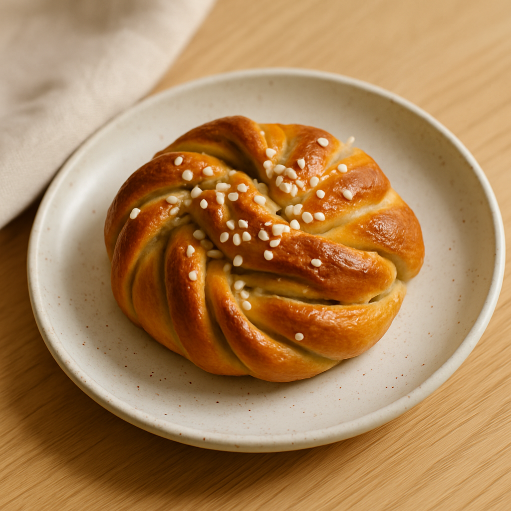 Golden cardamom morning bun with pearl sugar on a speckled ceramic plate