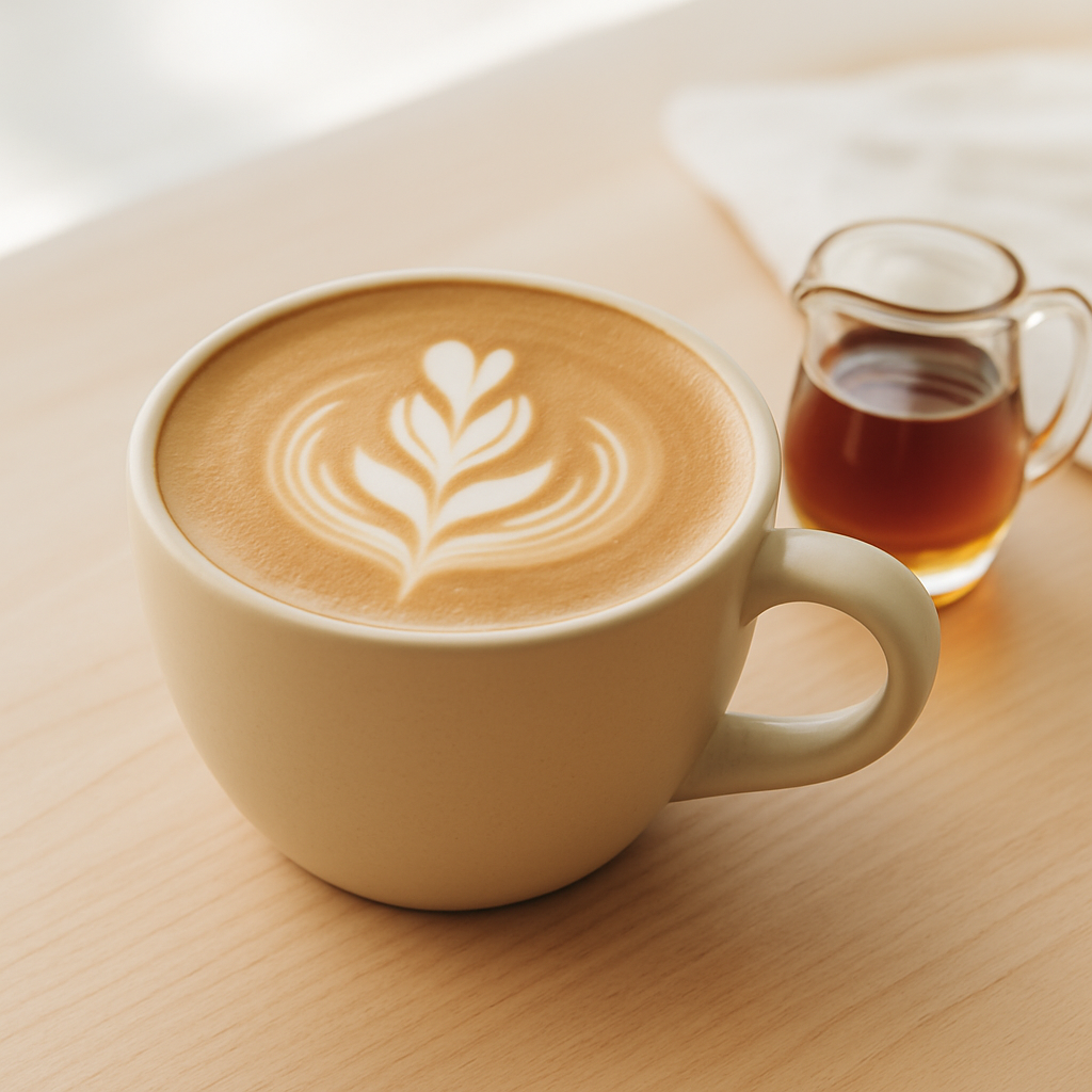 Maple rye oat latte with leaf latte art in a matte sand-colored cup
