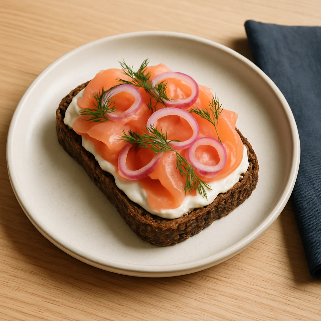 Open-faced smoked salmon toast on dark rye with dill and pickled shallots