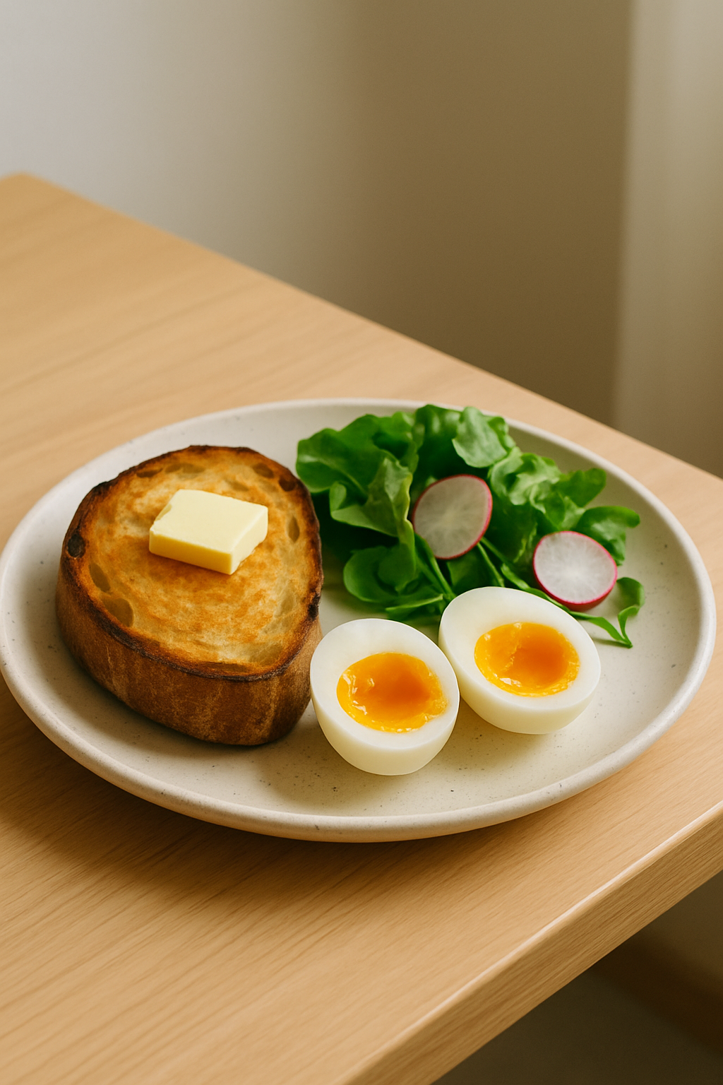 Breakfast plate with sourdough toast, soft-boiled egg and fresh greens