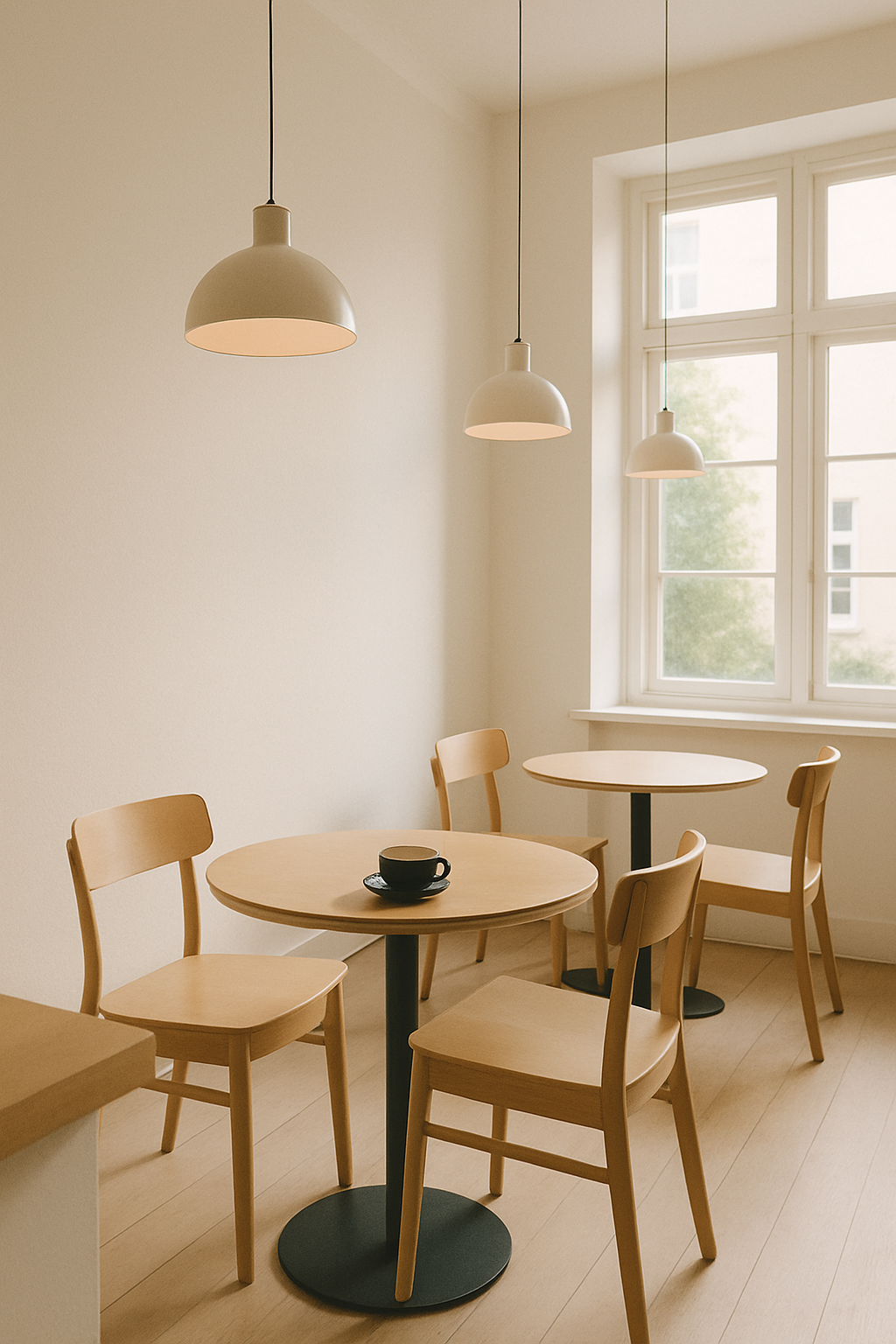 Bright Scandinavian cafe interior with light oak tables and large windows