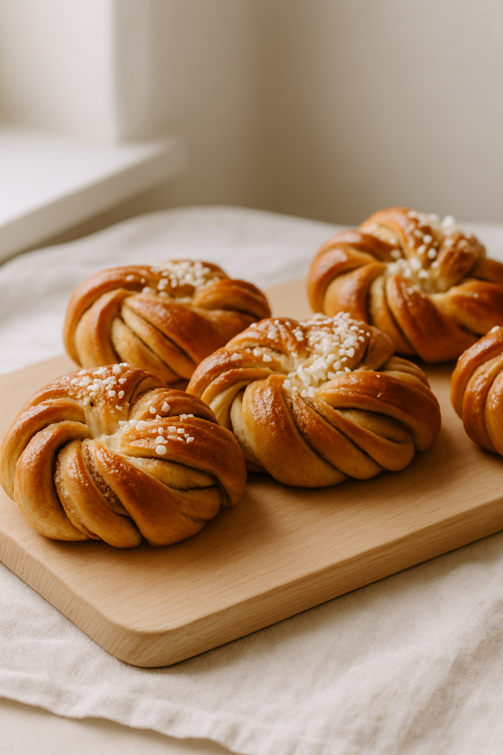 Golden cardamom knot buns dusted with pearl sugar on a wooden board