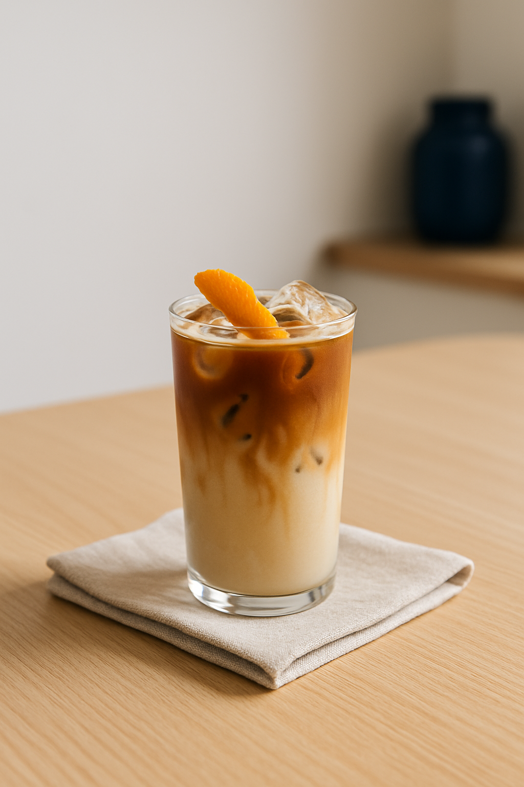 Seasonal iced coffee drink with orange zest in a clear glass on a linen napkin