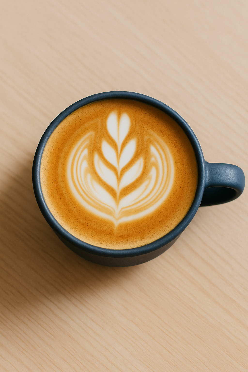 Close-up of a flat white with rosetta latte art in a matte navy ceramic cup