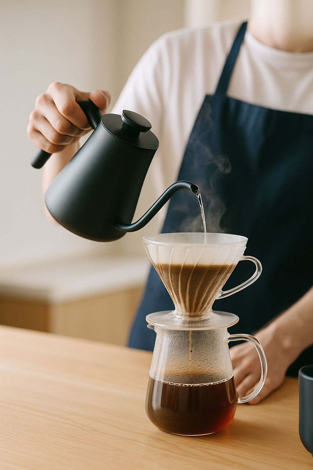 Barista pouring filter coffee through a glass pour-over dripper