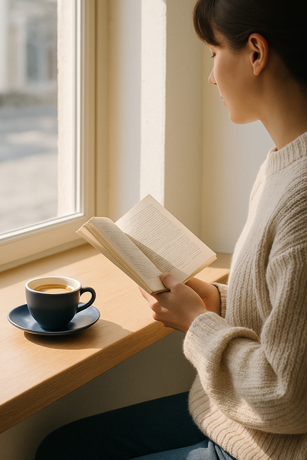 Person reading a book with a coffee by a sunlit cafe window