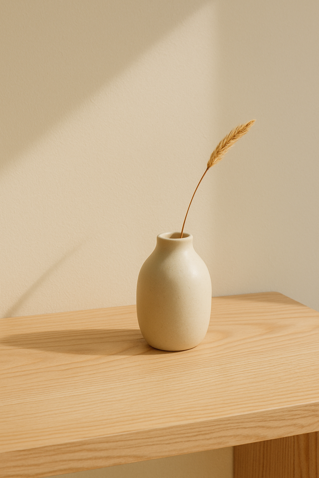 Detail of a light ash wood counter with a small ceramic vase and sunlight