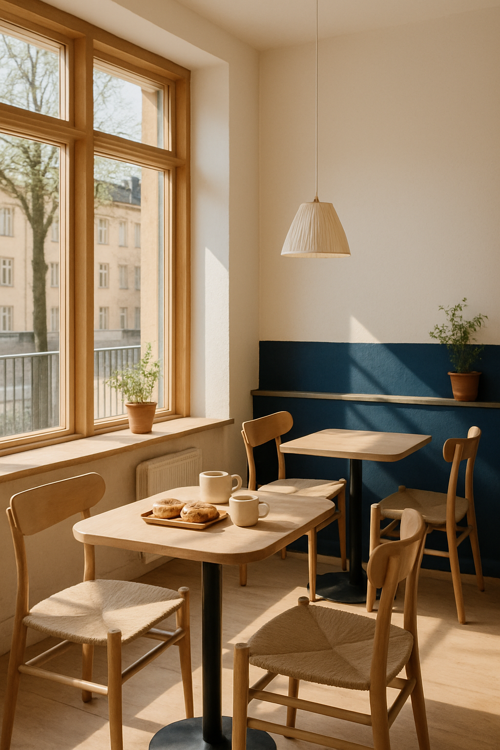 Sunlit corner of North Dock Coffee with pale wood tables, ceramic cups, and a cozy Scandinavian interior