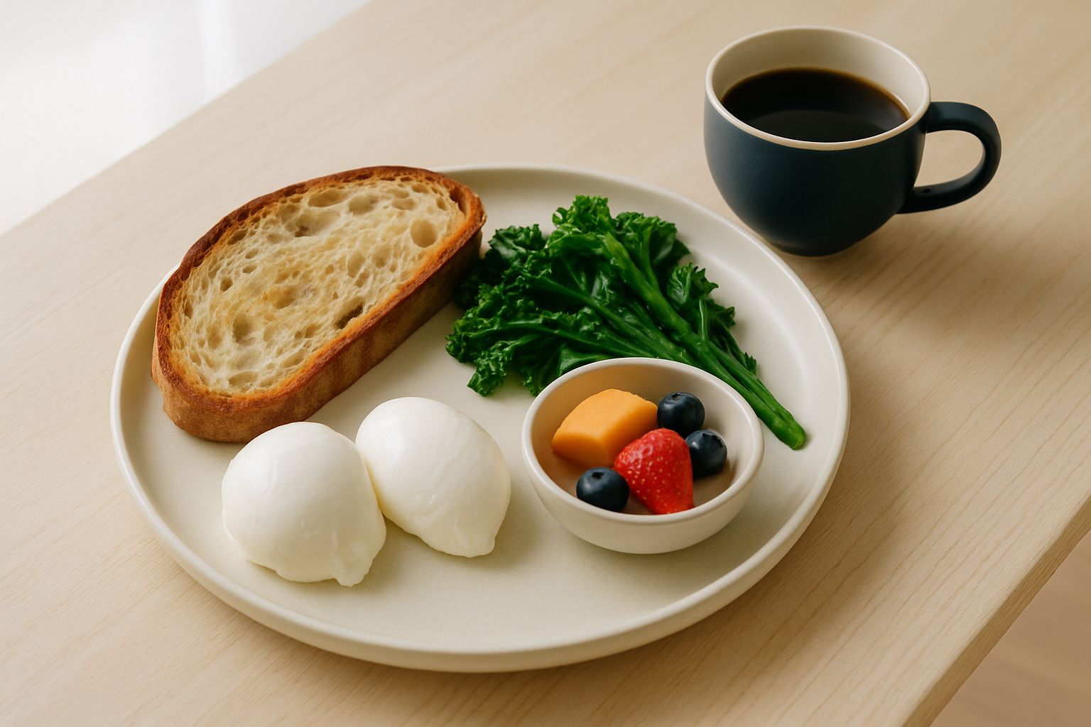 Breakfast plate with eggs, greens, toast, and coffee on a wooden table