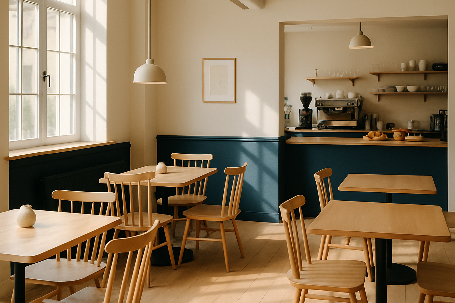 Cozy cafe interior with natural light, pale wood tables, and a welcoming atmosphere