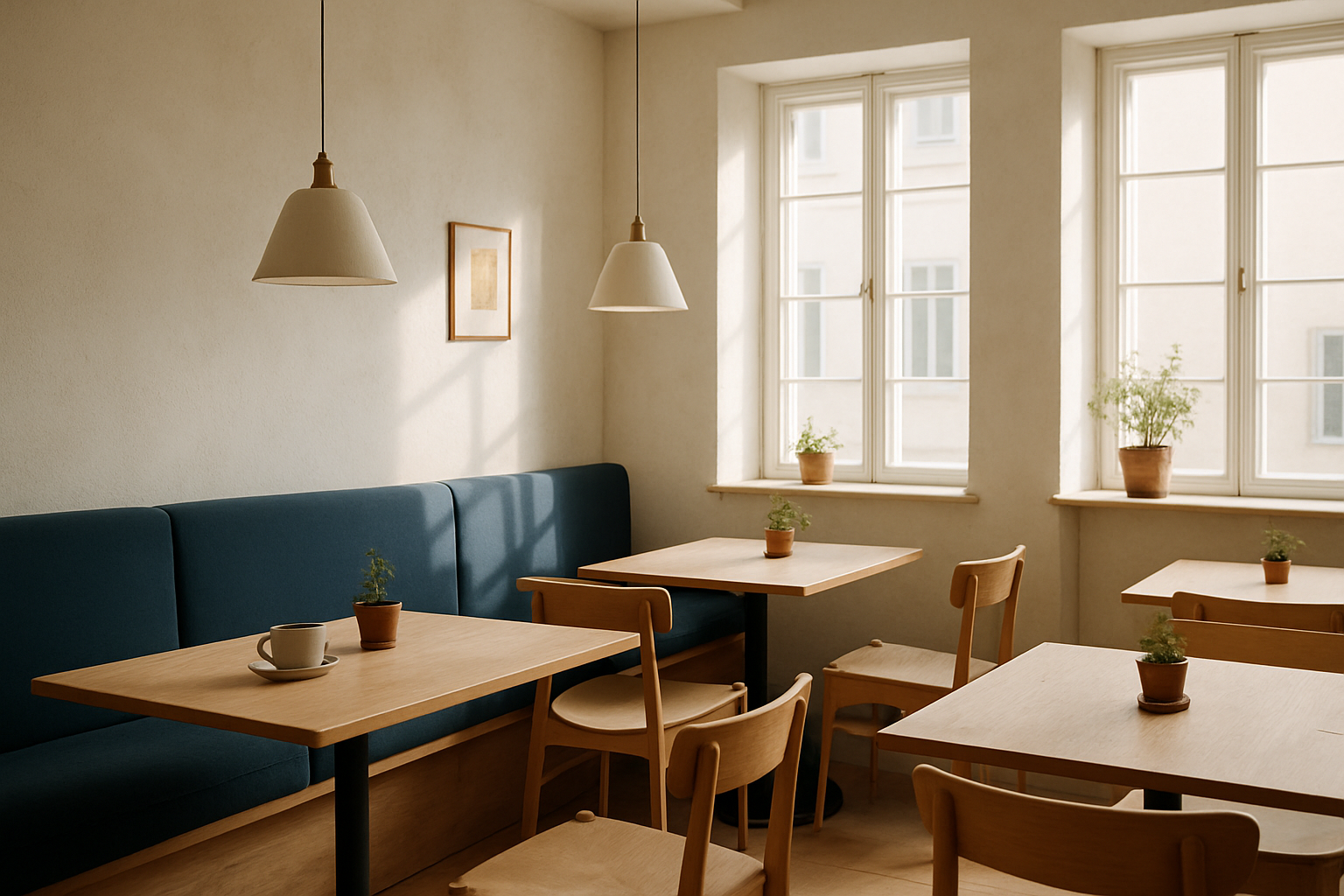 Cozy cafe interior with light wood tables, soft daylight, and calm Scandinavian decor