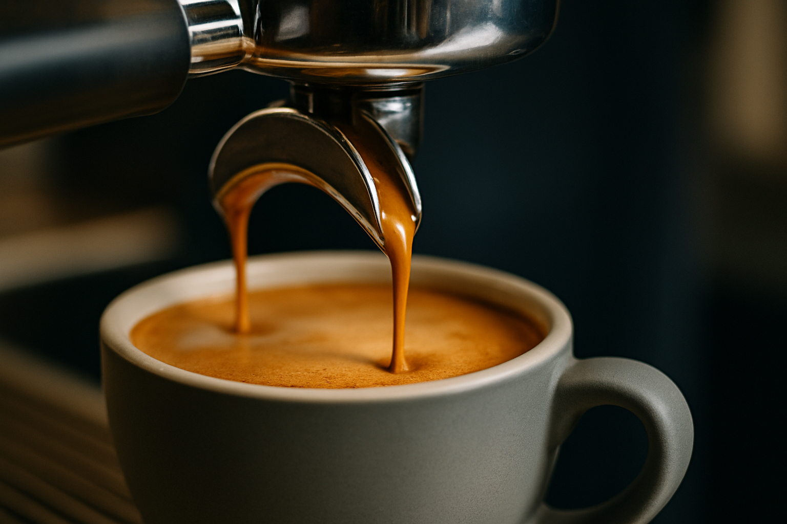 Close-up of espresso being poured into a ceramic cup with rich crema