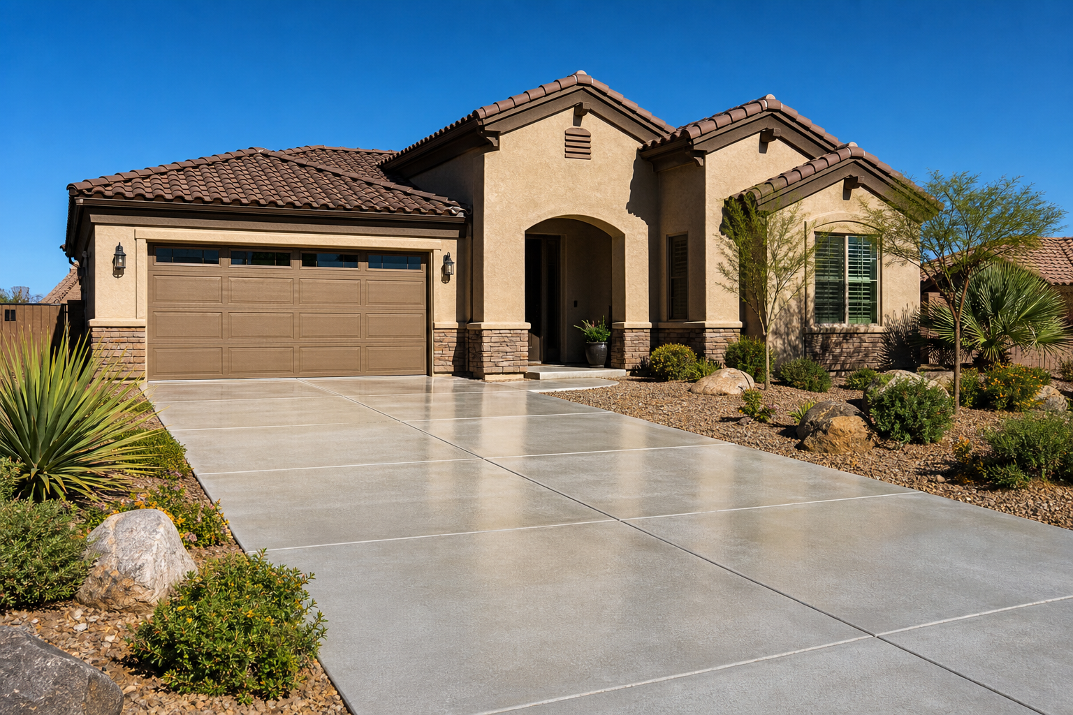 Sunlit clean Arizona home exterior with freshly washed driveway and polished curb appeal