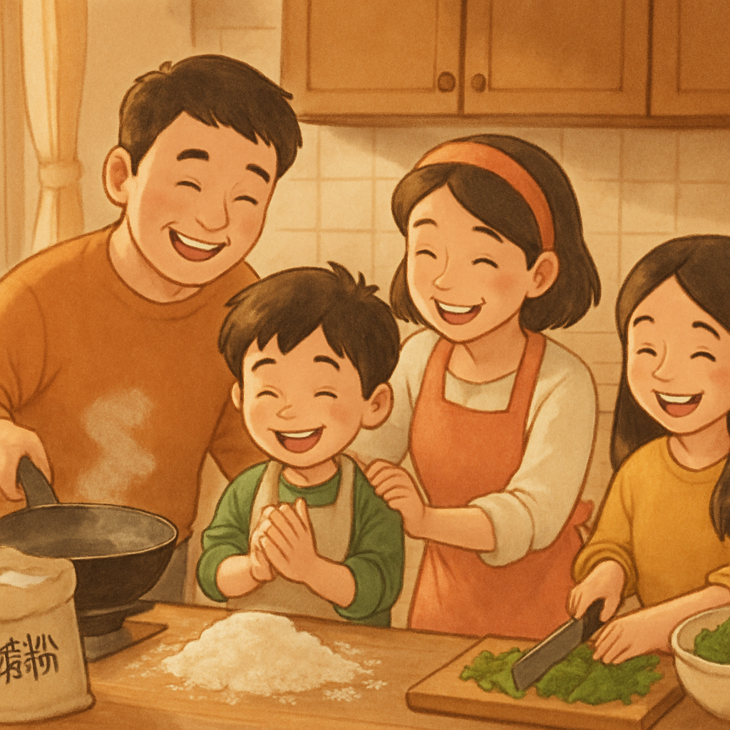 小时候跟家人一起做饭的温馨瞬间，家庭成员脸上洋溢着幸福