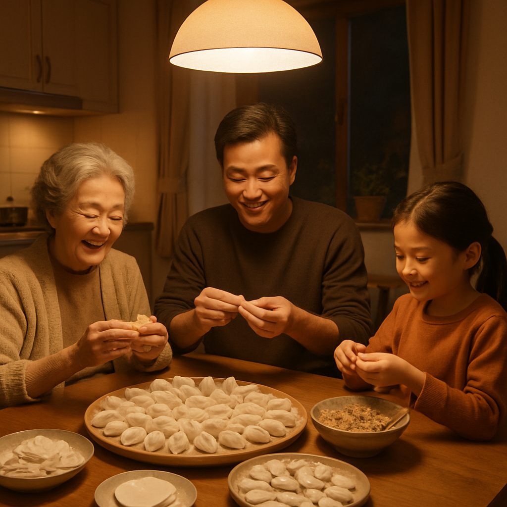 与祖母一起包饺子的动人夜晚，家人围坐在一起，温馨祥和