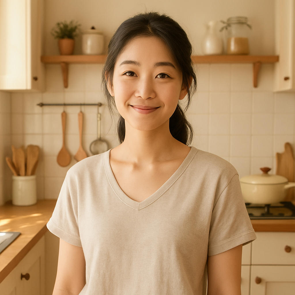小林的微笑生活照，背景为温馨厨房，光线柔和，展现亲和力