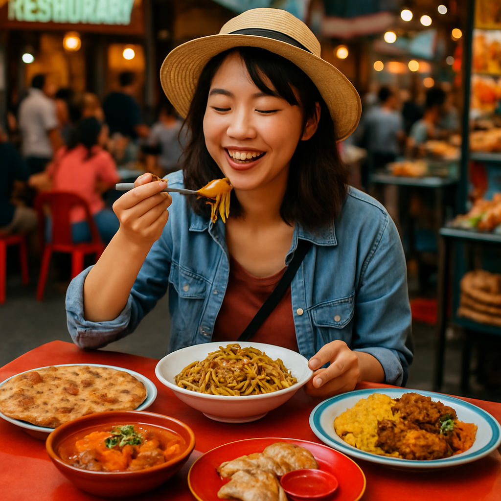 旅行途中品尝美食的画面，桌上摆满各地特色美食，氛围热烈