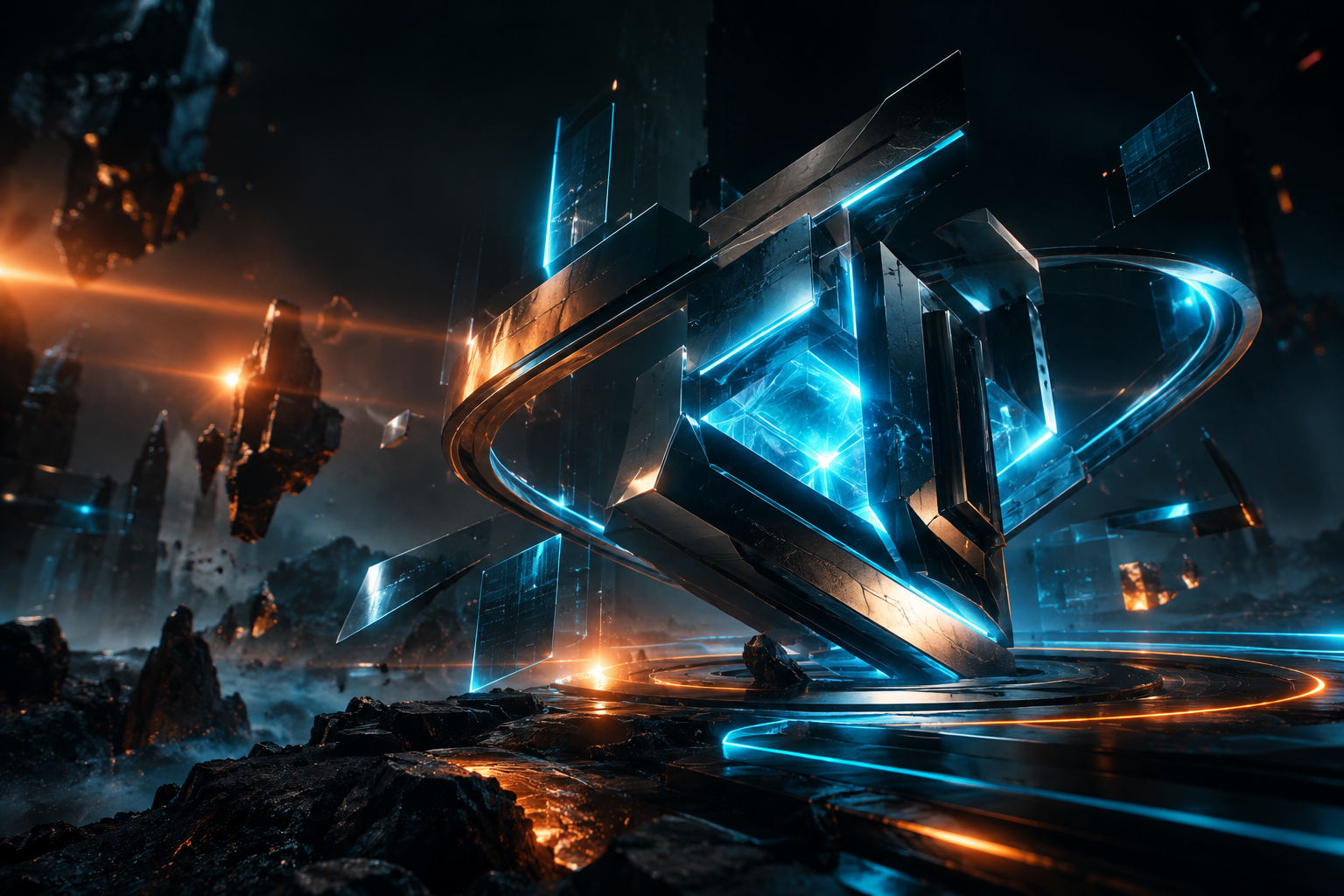 Cinematic 3D composition of metallic abstract forms with glowing cyan energy lines, layered interface glass panels, and controlled amber flare accents in a dark futuristic environment