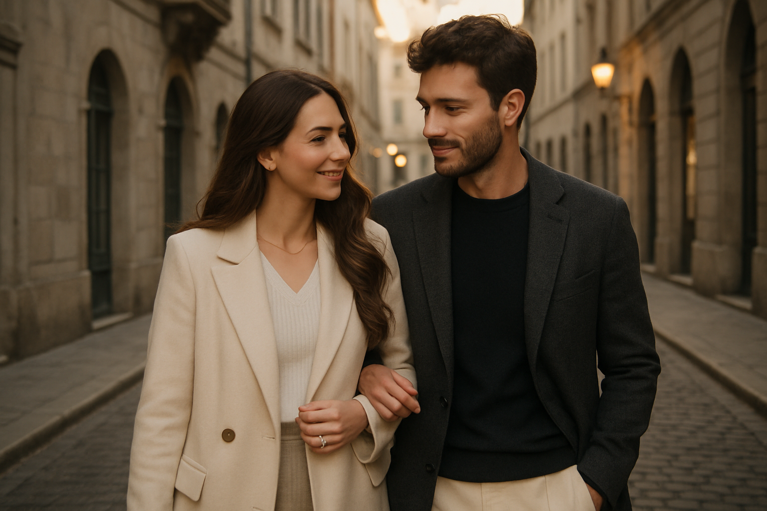 Stylish couple walking through a historic city street in soft evening light