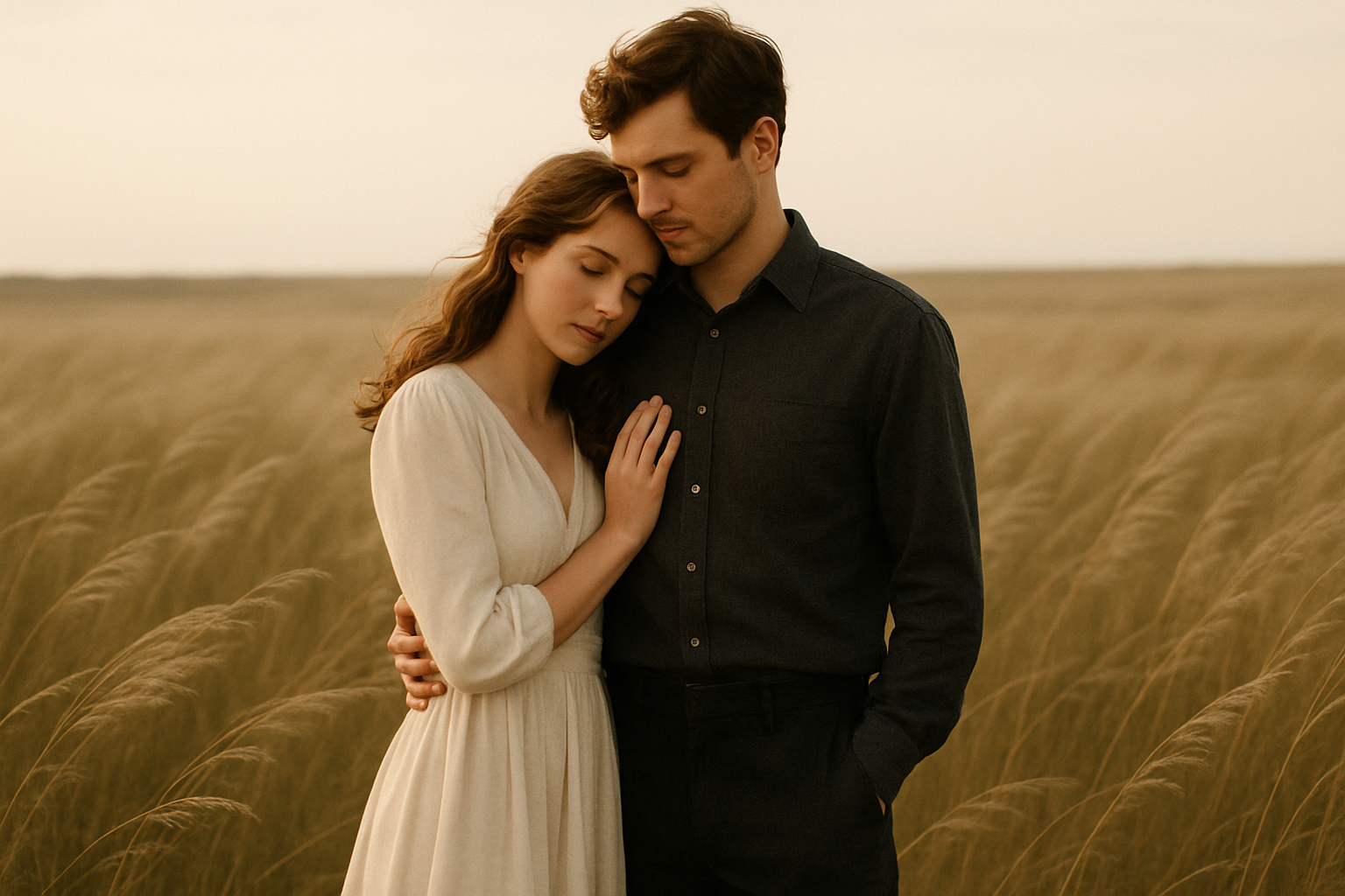 Couple standing in an open field with wind and warm backlight