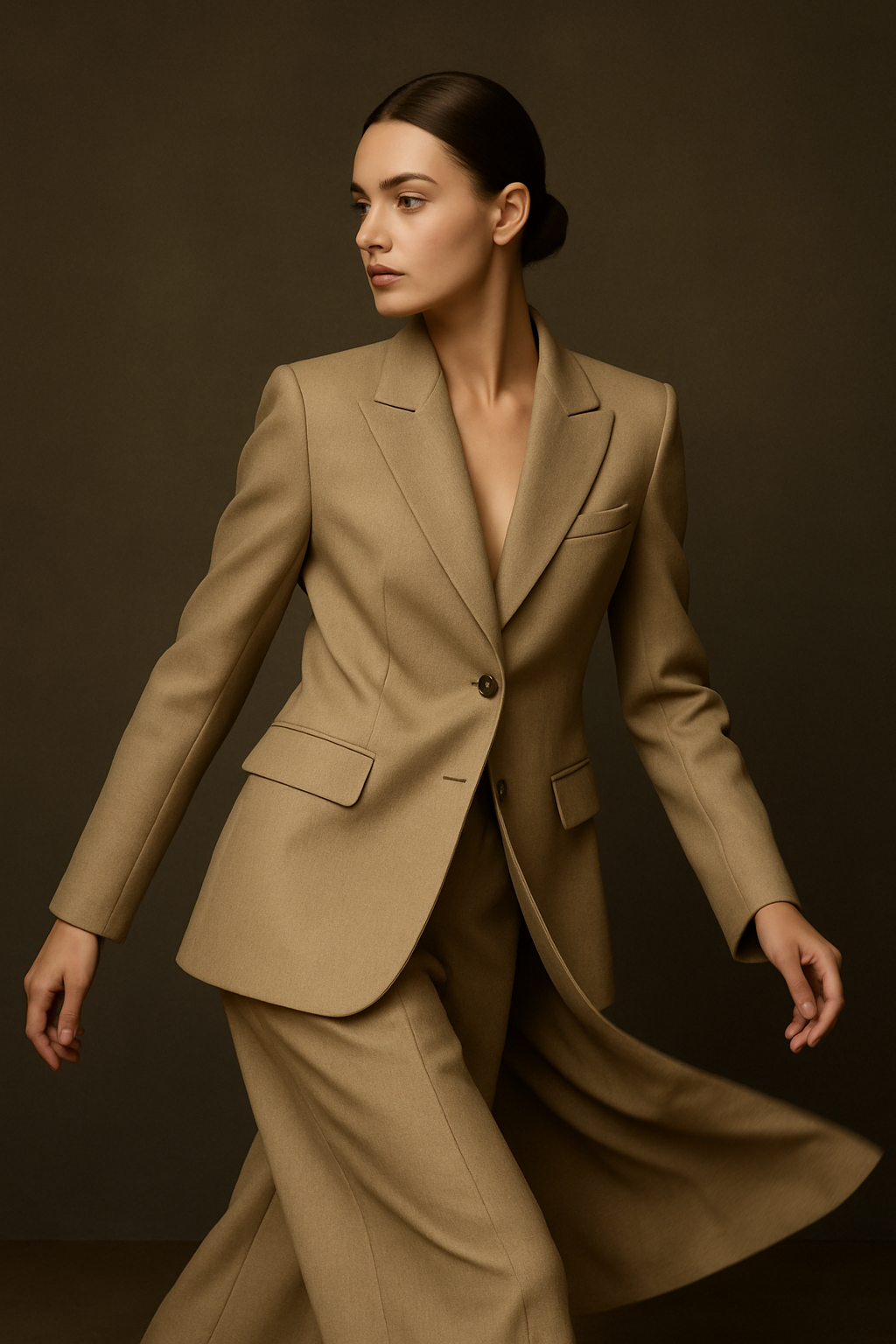 Fashion editorial portrait with directional movement and sculpted studio light