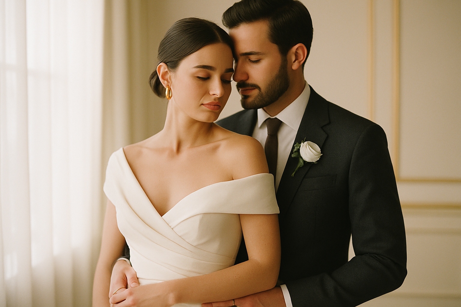 Elegant couple portrait in warm natural light with editorial wedding styling