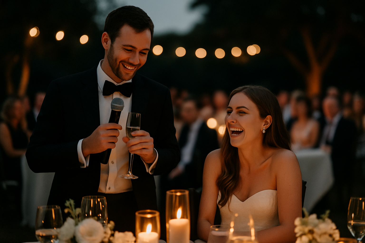 Wedding reception toast with candlelit ambience and candid laughter