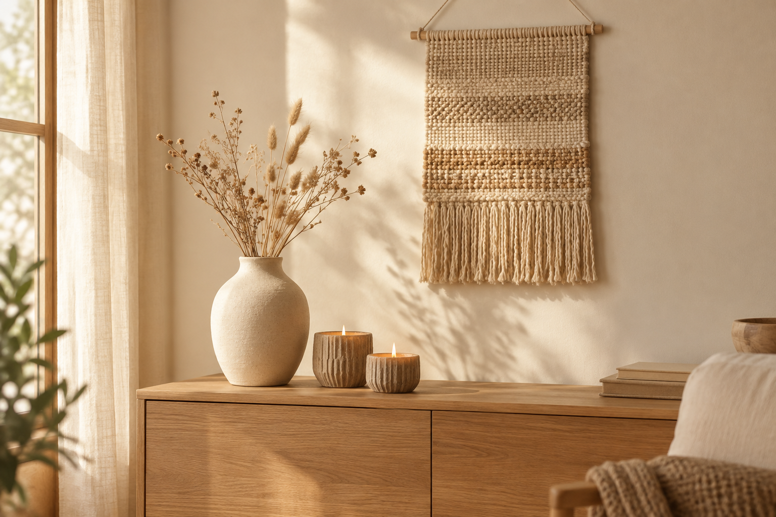 Calm styled corner with a ceramic vase, woven wall hanging, and candle holders on a light wood console