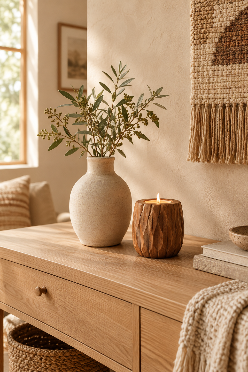 Handmade ceramic vase and candle holder styled on a light wood console in a warm, cozy interior