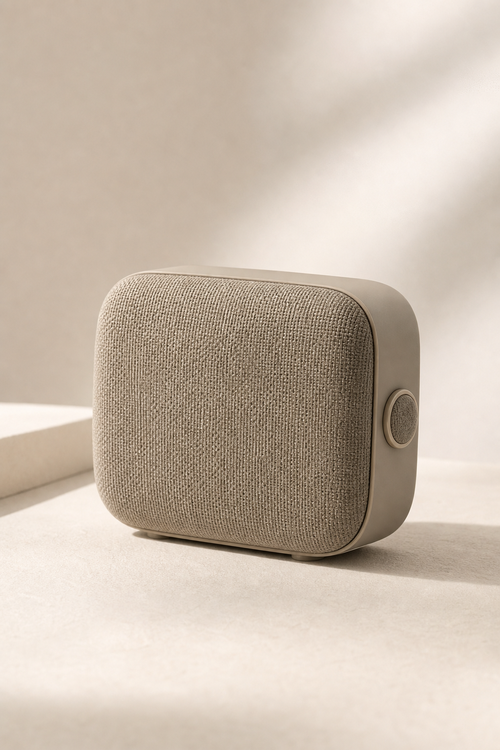 FORM wireless speaker in muted sand finish with soft beige grille