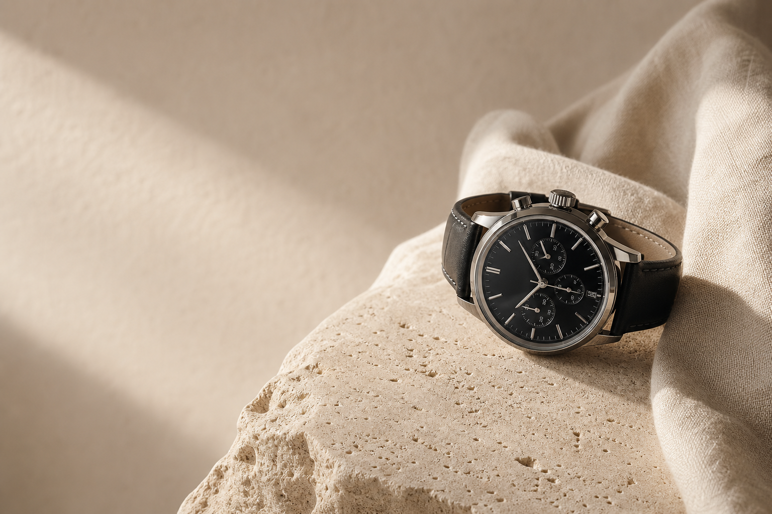 Cinematic lifestyle setup with a premium chronograph watch resting on warm stone and linen textures in soft natural light