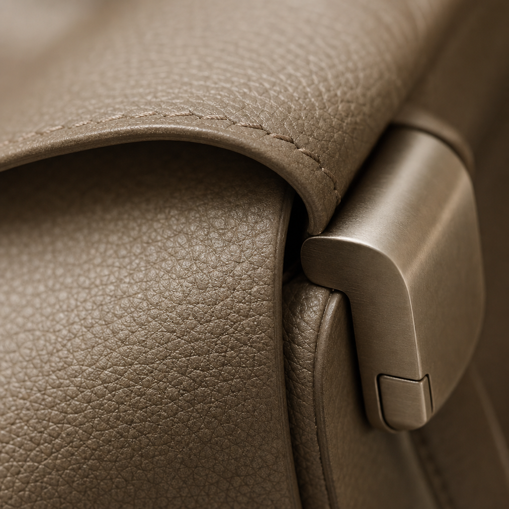 Close detail of taupe leather grain and brushed metal clasp highlighting tactile premium materials