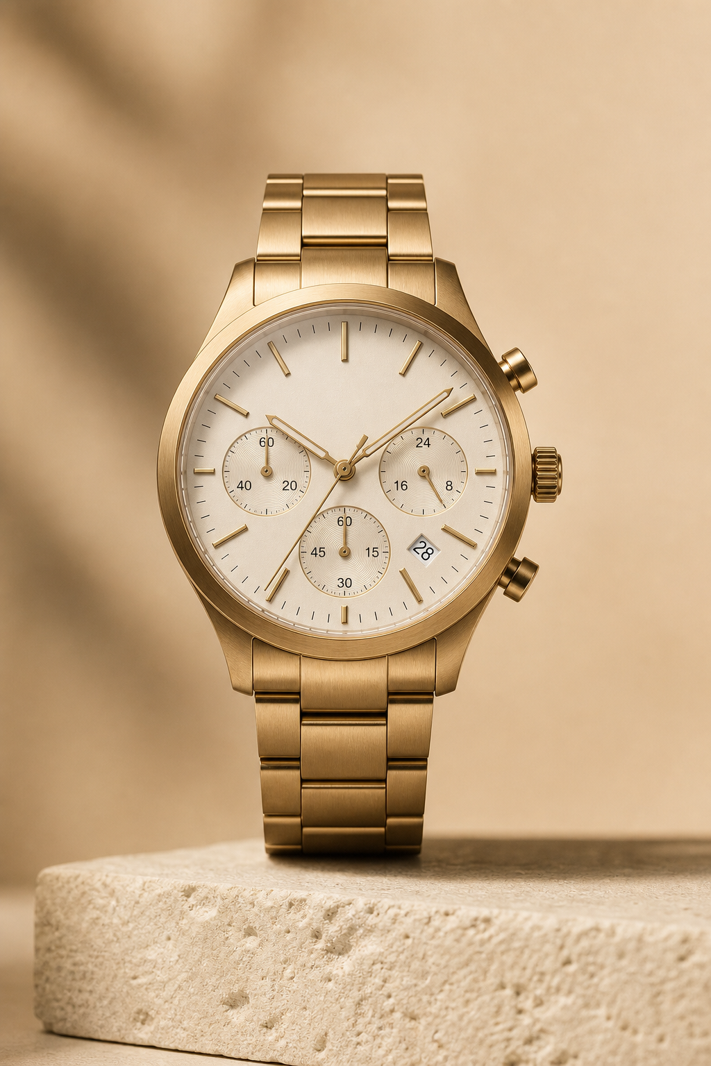 ORBIT chronograph watch in warm champagne gold finish with cream dial
