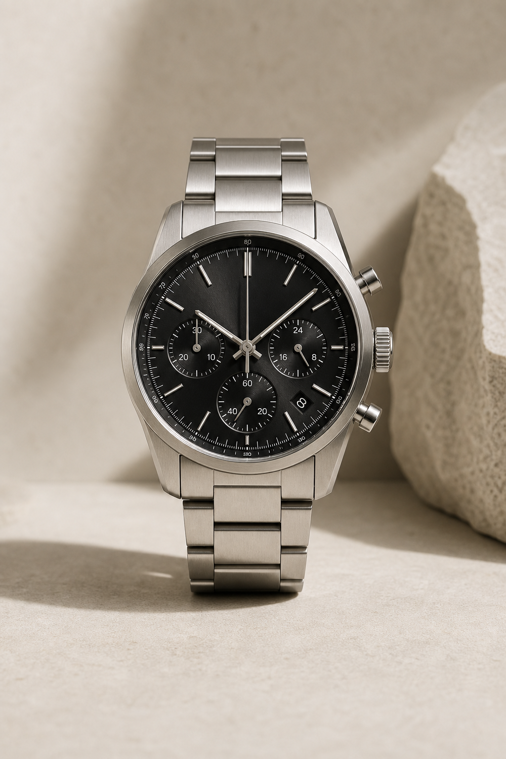 ORBIT chronograph watch in brushed silver stainless steel with black dial