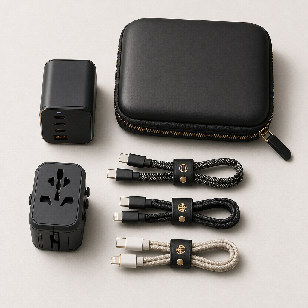 Premium tech travel kit with multi-port charger, labeled cable wraps, and universal adapter